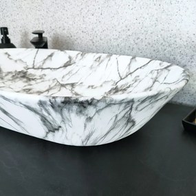 Umywalka  ceramiczna nablatowa owalna marmurowa biała bez otworu na baterię 60 x 42 cm MARMO White
