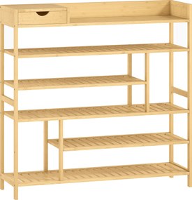 HOMCOM Regał na buty, stojak na obuwie z 6 półkami, szuflada z bambusa, dla maks. 18 par butów, regał do korytarza, sypialni, 101 x 30 x 100 cm, naturalny