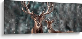 Obraz - Jeleń i łania w zaśnieżonym lesie (z zegarem) (90x30 cm)