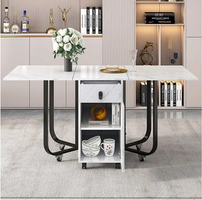 Składany stół jadalniany z 2 szufladami i 2 drzwiczkami, mobilny na kółkach – biały i czarny