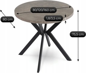 Stół Okrągły Rozkładany DORIAN 80-160 cm Beton/Czarny Nowoczesny Loft