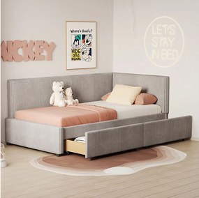 Łóżko dziecięce 90x200 cm – z zagłówkiem, 2 szufladami, stelaż z listew – szare – materac nie jest wliczony w cenę