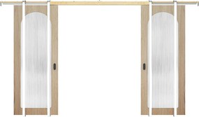 Podwójne drzwi przesuwne z systemem chowanym w ścianie z drewna i MDF - łuk naturalny jasny i hartowane szkło ryflowane - 2 x W205 x Szer93 cm - ODEZA