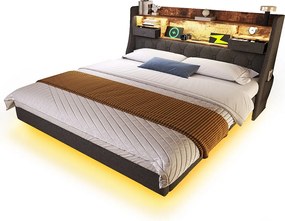 Łóżko dla dorosłych 160 x 200 cm - Łóżko dwuosobowe z 2 kieszeniami bocznymi i 2 szufladami - len szary - materac w zestawie