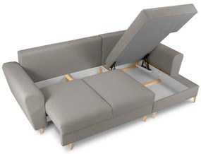 Jasnoszary rozkładany/ze schowkiem narożnik z materiału bouclé (prawostronny/z szezlongiem) Kyoto – Cosmopolitan Design