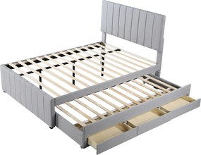 Łóżko wysuwane 140 x 200 cm + 90 x 190 cm - 3 szuflady - tkanina lniana - stelaż listwowy - szary