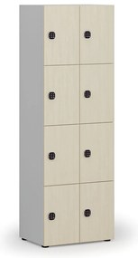 Drewniana szafka skrytkowa S4, 8 schowków, demontaż, zamek kodowy, szary/brzoza