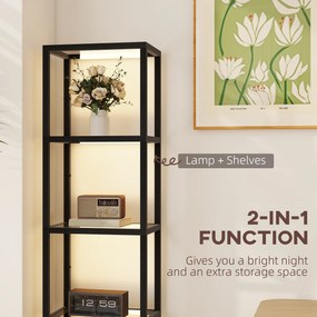 HOMCOM Lampa podłogowa LED z 4-półkowym regałem, regał świetlny z 4 szklanymi półkami, przełącznik nożny, MDF, Czarny