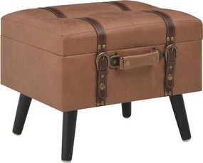 Brązowy stołek do przechowywania 40 cm z ekoskóry z nogami z litego drewna i schowkiem pod siedziskiem