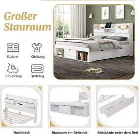 Łóżko dziecięce podwójne z pojemnikiem - 180 x 200 cm - z portem USB, szufladami i szafą - drewno - białe