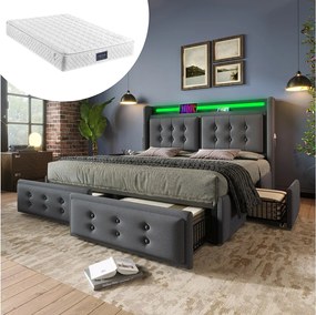 Łóżko tapicerowane z pojemnikiem na pościel - 140 x 200 cm - Materac + Leds + 4 szuflady + Zagłówek z USB - Tkanina bawełniana - Szary
