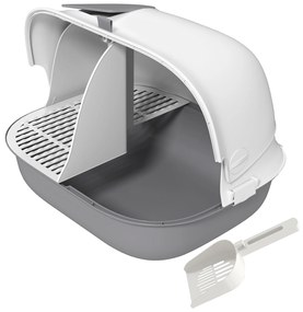 PawHut Kuweta dla Kota z Pokrywą, z Wewnętrznym Kanałem, Drzwiczkami, Łopatką, Łatwa w Czyszczeniu, Plastik, Jasnoszary