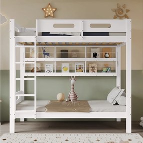 Łóżka piętrowe 2 x 90 x 200 cm z drabinką i otwartą półką - Sosna + MDF - Białe