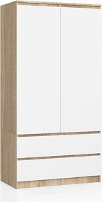 Szafa AKORD S90 Dąb Sonoma 90 cm 2 drzwi 2 szuflady kolor Biały mat 4 półki 90x51x180 cm