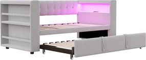 Łóżko wysuwane 90/180 x 190 cm - Łóżko pojedyncze z oświetleniem LED i półką do przechowywania - flanela jasnoszara - materac nie jest wliczony w cenę