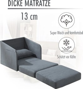 HOMCOM® sofa do spania sofa rozkładana sofa pojedyncza pokrowiec do prania 2 kieszenie boczne poduszka metal szary 70 x 76 x 77 cm