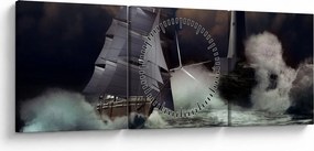 Obraz - Statek płynący przez wzburzone fale (z zegarem) (90x30 cm)
