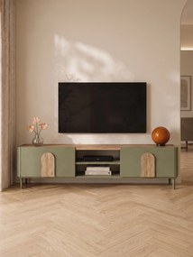 Szafka RTV Amilio 220 cm z szufladą na nóżkach - eukaliptus / dąb baltic dune / uchwyty dąb naturalny