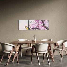 Obraz - ptak na drzewie z różowymi kwiatami (z zegarem) (90x30 cm)