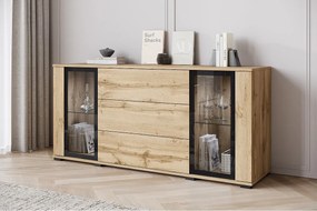 Komoda 150 cm do salonu – nowoczesna witryna z przeszkleniami + szuflady, korpus dąb wotan, fronty biały połysk