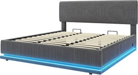 Łóżko tapicerowane hydrauliczne ze schowkiem - 180 x 200 cm - z diodami LED + USB + regulowany zagłówek - welur - szary