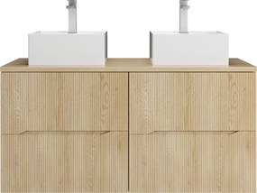 Szafka łazienkowa wisząca prążkowana z kwadratową umywalką nablatową i baterią – Jasny naturalny – 120 cm – ORISO