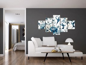 Obraz - Kolibry z kwiatami (125x70 cm)