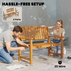 Outsunny Ławka ogrodowa 2-osobowa, odporna na warunki atmosferyczne, drewniana ławka z lamelowym designem i podłokietnikami, do 320 kg, 112 x 64 x 92 cm, naturalne drewno | Aosom PL