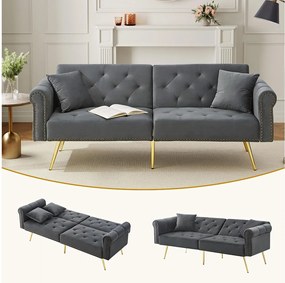 Nowoczesna sofa 2-osobowa z funkcją spania – 173 x 75 x 70 cm – 3-stopniowa regulacja oparcia + złote metalowe nogi – aksamit – szary