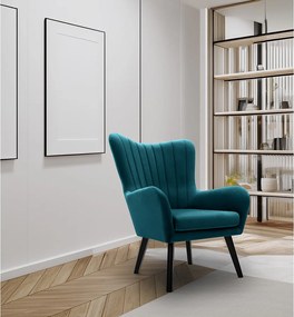 Fotel TED z tkaniny Velluto, wysoka oparcie, szerokie siedzisko, czarne nogi, pionowe przeszycia, 76x78x100 cm, turkusowy