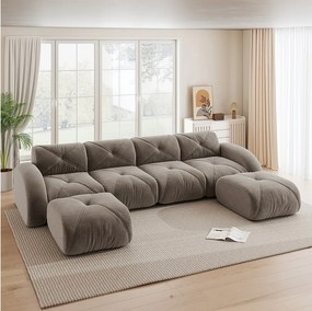 Kanapa narożna modułowa 4-osobowa z 2 pufami z weluru, design minimalistyczny bez ramy, głębokie i elastyczne siedzisko - Brązowy