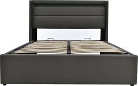 Łóżko 140x200 cm z pojemnikiem - Łóżko dla dorosłych z podświetlanym zagłówkiem LED - skóra szara - materac w zestawie