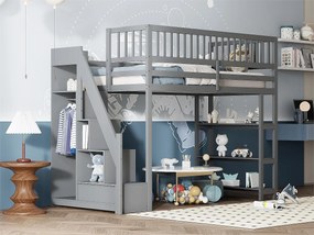 Łóżko mezzanine 90x200 cm z drewna - z półkami i szafą - z wysokimi prętami - Szary