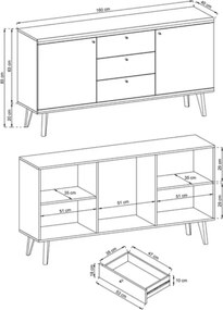 Komoda Bliwon 3-szuflady + półki 160 cm skandynawska dąb riviera/biały nowoczesna szafka drewniane nogi