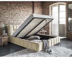Beżowe tapicerowane łóżko dwuosobowe ze schowkiem ze stelażem 160x200 cm Lamica – ELTAP