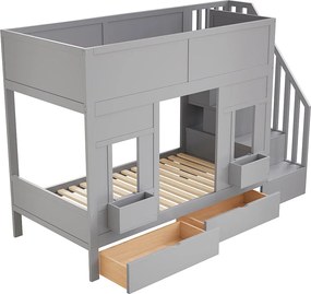 Łóżko piętrowe dla dzieci - 2 x 90 x 200 cm - z drabinką + szufladami + barierką zabezpieczającą - drewno - kolor szary