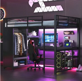 Łóżko piętrowe dla dzieci - 140 x 200 cm - z oświetleniem LED + biurko + szafa + schowek - metalowe - czarne