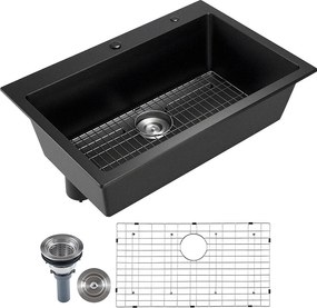 Nowoczesna Zlewozmywak Kuchenny SucceBuy z Granitu 83,8 cm, Zlewozmywak Nastawczy z Dużą Pojedynczą Komorą, Wkładana Komora do Mycia z Wieloma Akcesoriami