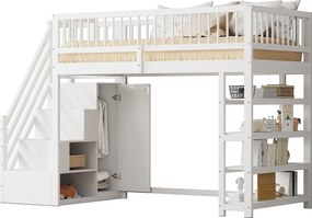 Łóżko mezzanine 90x200 cm - z półkami i drabiną do przechowywania - z litego drewna - Białe