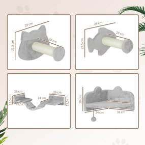 PawHut Zestaw Wspinaczkowy dla Kotów, 4-częściowy, Meble do Drapania z Sizalowymi Stopniami, Podwójną Platformą, Jasnoszary/Kremowy