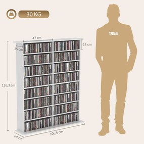 HOMCOM Regał multimedialny, 8 poziomów, regał na DVD z 12 regulowanymi półkami, 16 przegród, pojemność 720 CD, biały | Aosom PL