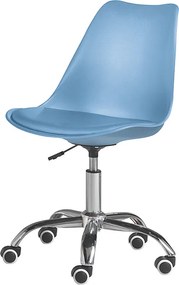 Krzesło biurowe obrotowe „Dorian” niebieskie z polipropylenu z siedziskiem ze skóry ekologicznej i chromowaną metalową podstawą cm 49x47 82/96h