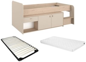 Łóżko podwyższone 90 x 190/200 cm z skrzynią – Beżowy i naturalny + Stelaż + Materac - LUNOBI