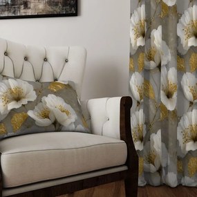 Zasłona dekoracyjna oxford beżowa w kwiaty złote liście - szer. 150 cm