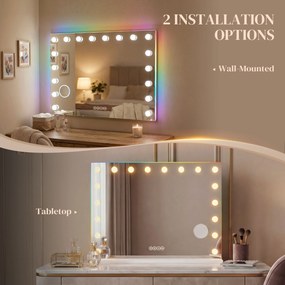 HOMCOM Hollywoodzkie lustro do makijażu z 18 regulowanymi żarówkami LED, 3 kolory, światło RGB, głośnik Bluetooth, 10-krotne powiększenie Białe | Aosom PL