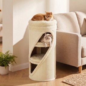 PawHut Beczka do drapania 75 cm wys. Ø 35 cm 4-poziomowa kocia beczka z 3 jaskiniami, zdejmowane prane pluszowe legowisko, mata z sizalu | Aosom PL