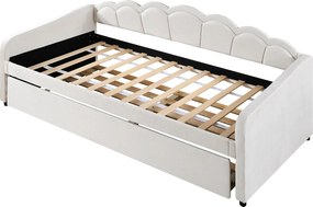 Łóżko dzienne 90x200 cm z wysuwanym łóżkiem i oświetleniem LED, beżowy welur - bez materaca