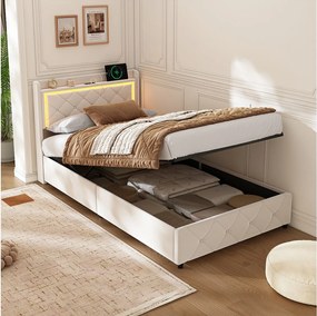 Rama łóżka platformowego 90×200 cm z zagłówkiem LED RGB, hydraulicznym schowkiem, 2 portami USB – aksamit beżowy