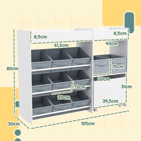 AIYAPLAY Regał do przechowywania dla dzieci, Szafka na zabawki dla dzieci z 11 pudełkami z tkaniny, górnymi półkami, 3 naklejkami, Biały