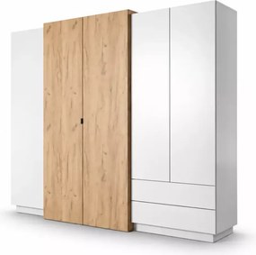 Szafa Volio 230 cm – nowoczesna szafa uchylna z lustrem, 5-drzwiowa z 2 szufladami – biały mat / dąb craft złoty